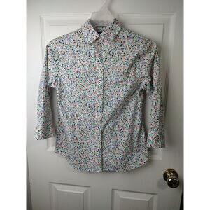 Lands End Woman 0P Shirt Collared Button Floral 3/4 Sleeve Button Wrinkle Free